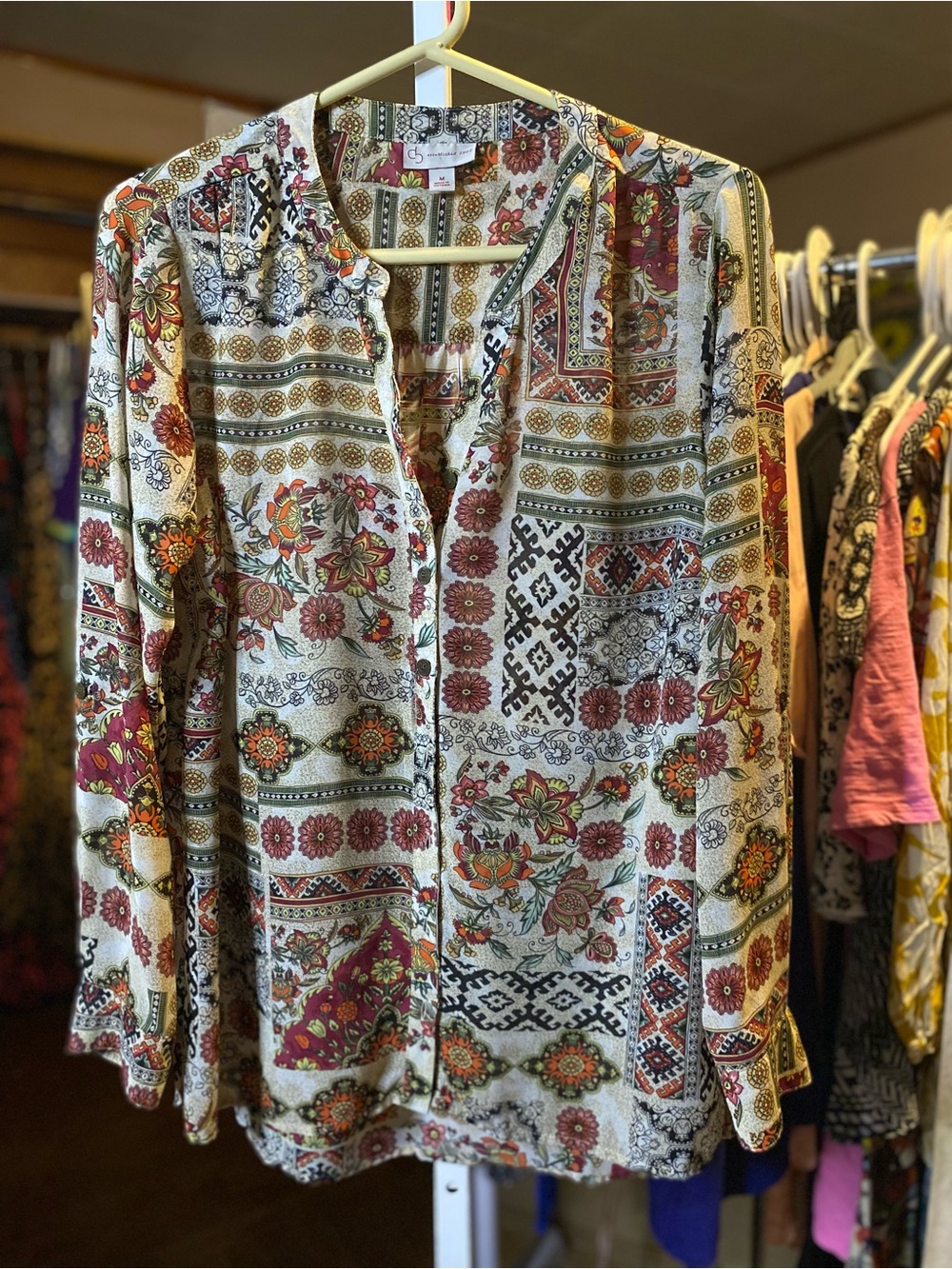 Boho Patchwork Floral Tunic Top - White/Multi